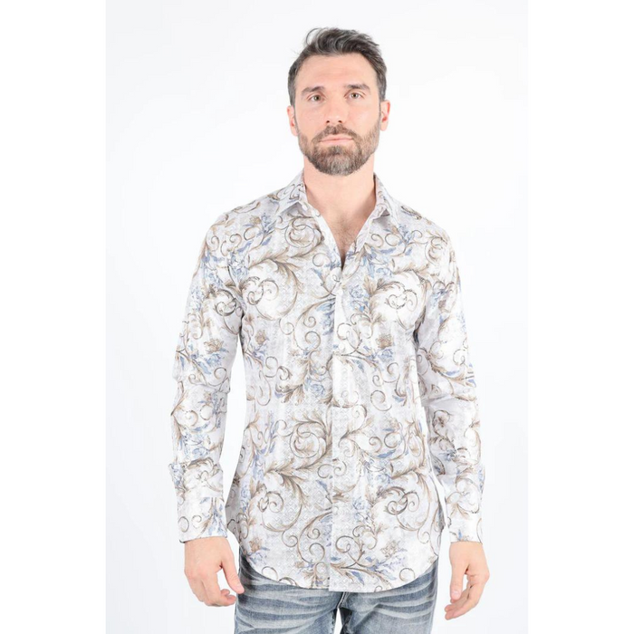 Mens Modern Fit Stretch Foiled Off White Long Sleeve Shirt