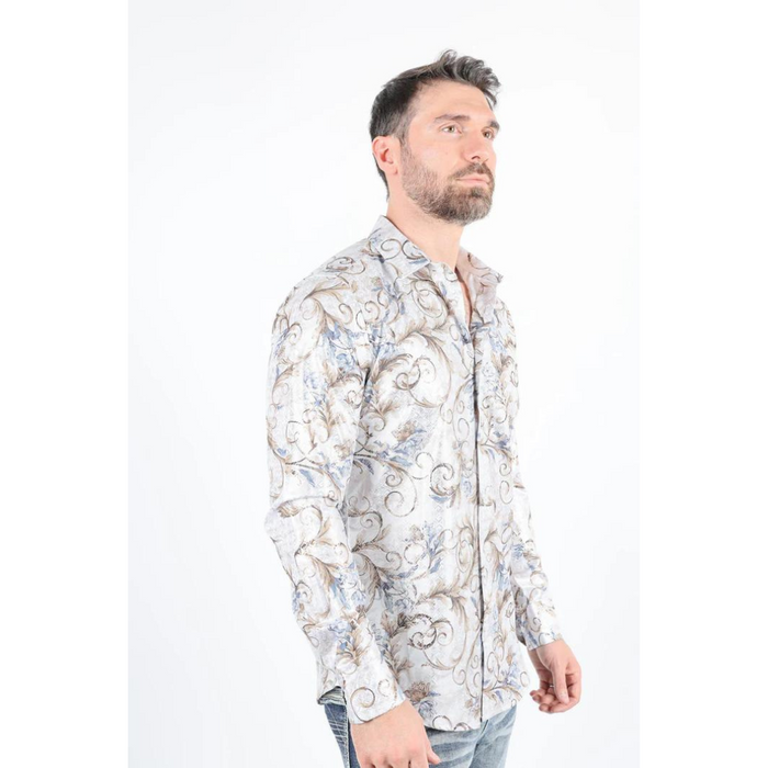 Mens Modern Fit Stretch Foiled Off White Long Sleeve Shirt