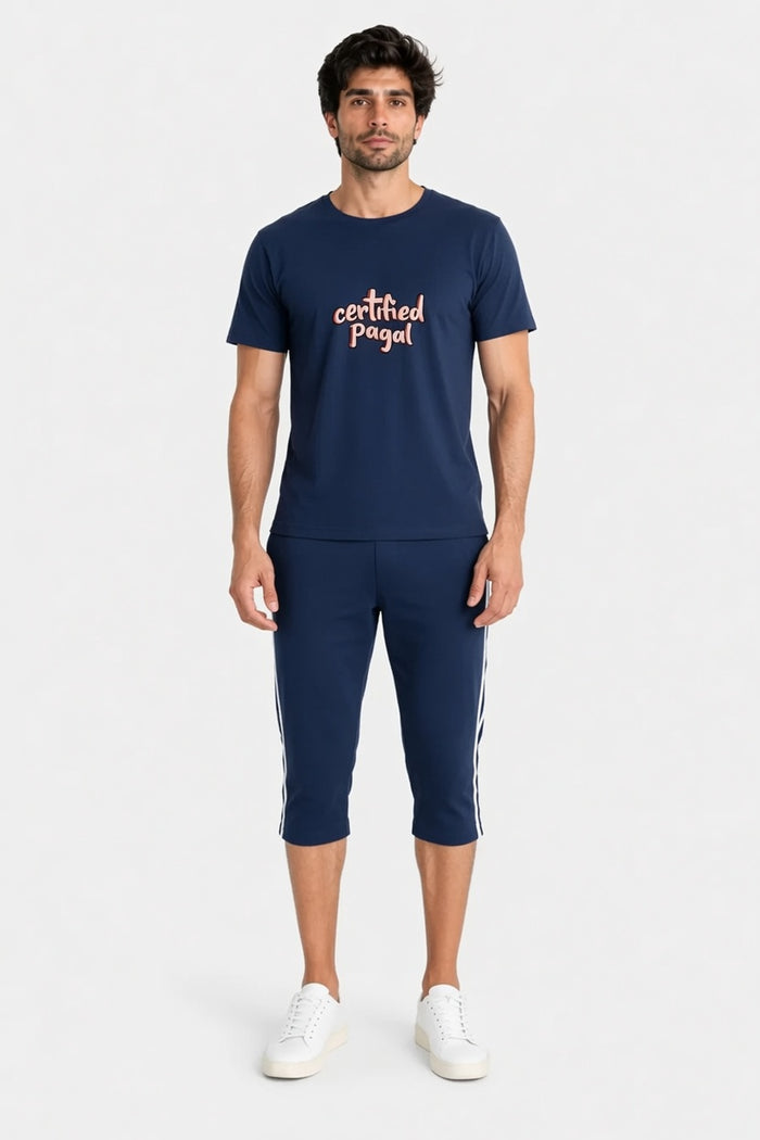 Men's Navy Blue Printed T-Shirt & Side Stripe Shorts Set (Certified Pagal)
