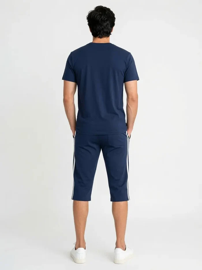 Men's Navy Blue Printed T-Shirt & Side Stripe Shorts Set (Certified Pagal)