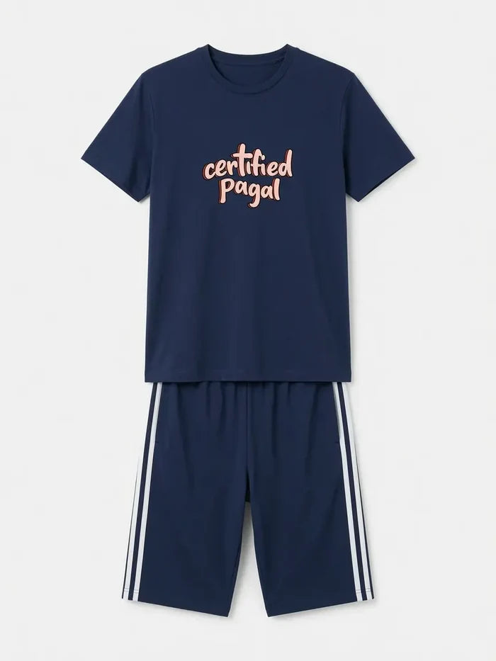 Men's Navy Blue Printed T-Shirt & Side Stripe Shorts Set (Certified Pagal)