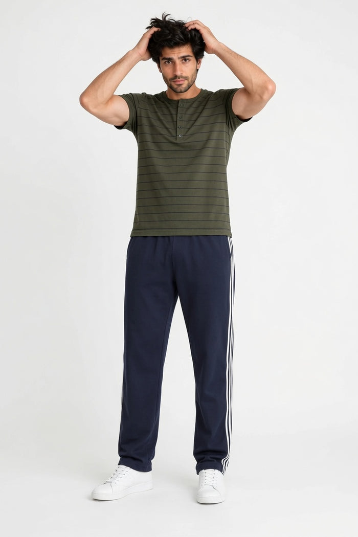 Men's Olive Green Jersey Cotton Henley T-Shirt & Navy Track Trouser Set
