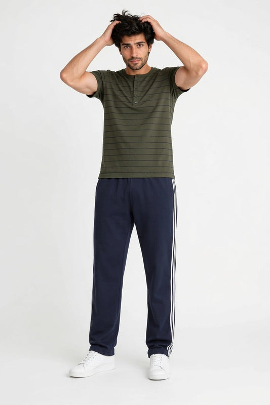 Men's Olive Green Jersey Cotton Henley T-Shirt & Navy Track Trouser Set