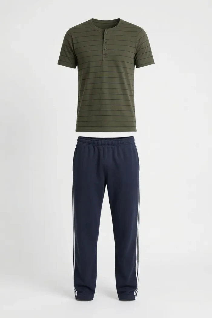 Men's Olive Green Jersey Cotton Henley T-Shirt & Navy Track Trouser Set