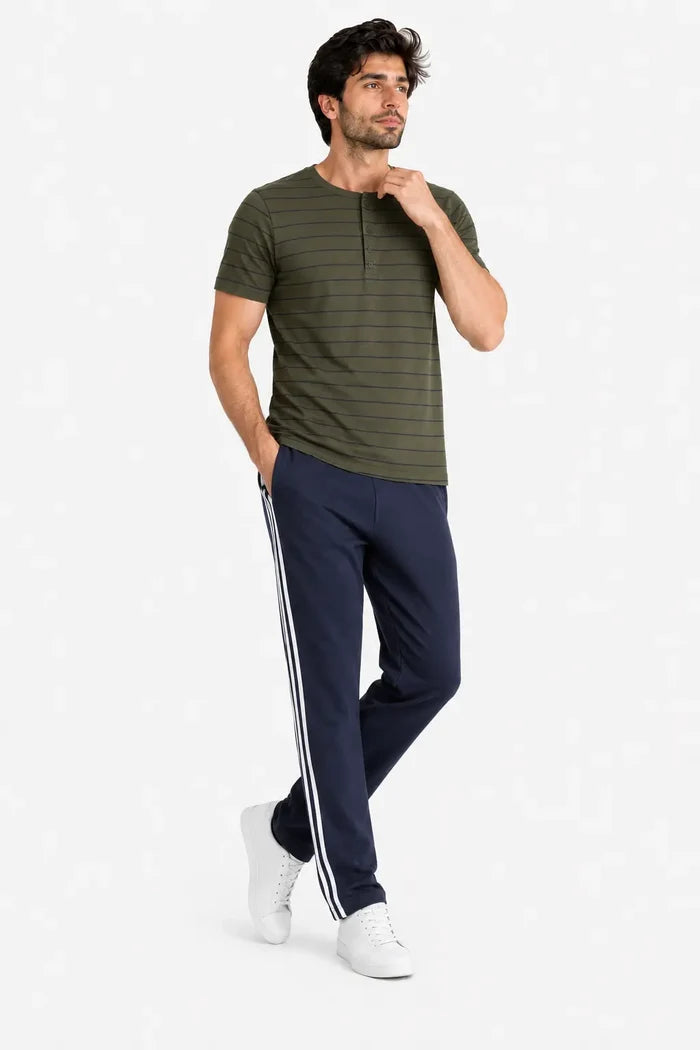 Men's Olive Green Jersey Cotton Henley T-Shirt & Navy Track Trouser Set