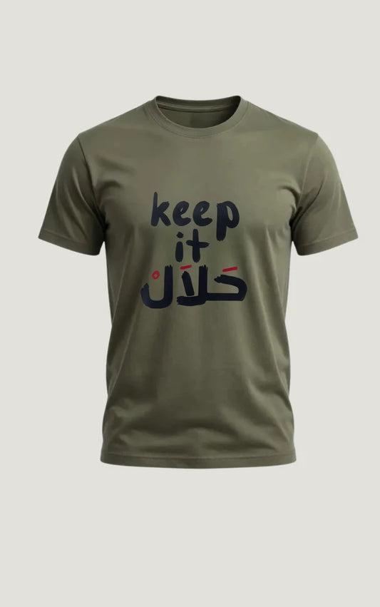 Men's Olive Green "Keep It Halal" Graphic Printed Crew Neck Half Sleeve T-Shirt