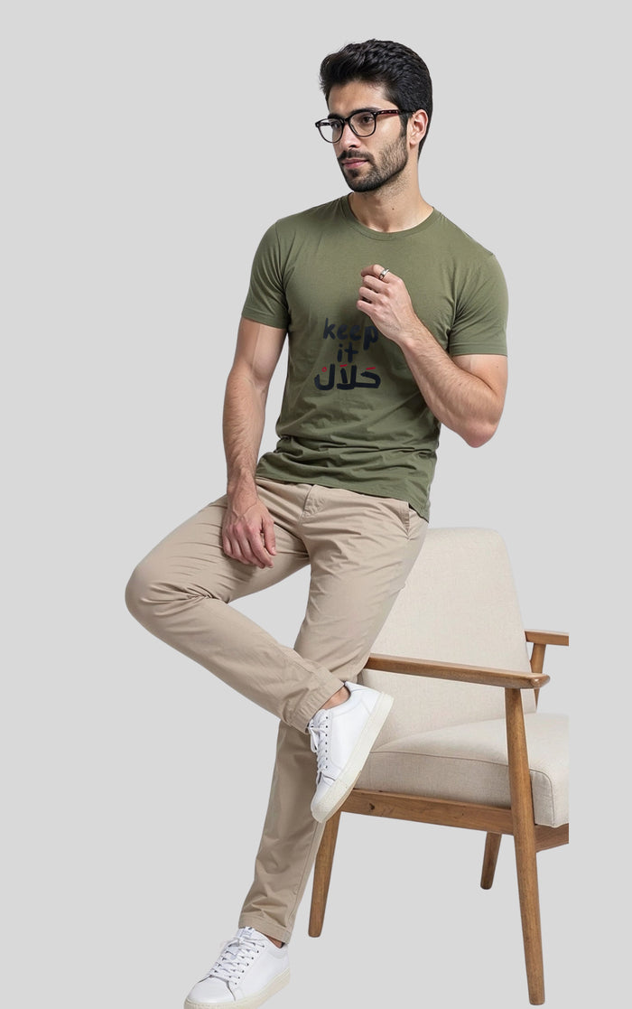 Men's Olive Green "Keep It Halal" Graphic Printed Crew Neck Half Sleeve T-Shirt