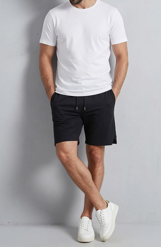 Men's Rib Lycra Cotton Casual Shorts Black Regular Fit