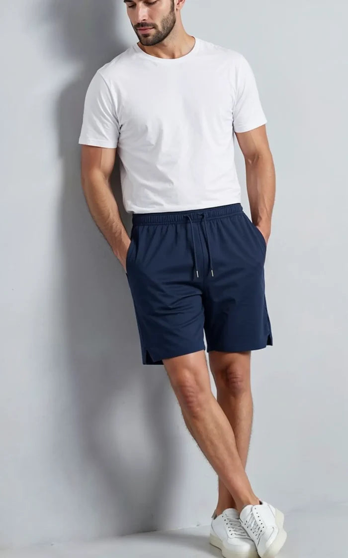 Men's Rib Lycra Cotton Casual Shorts Navy Regular Fit
