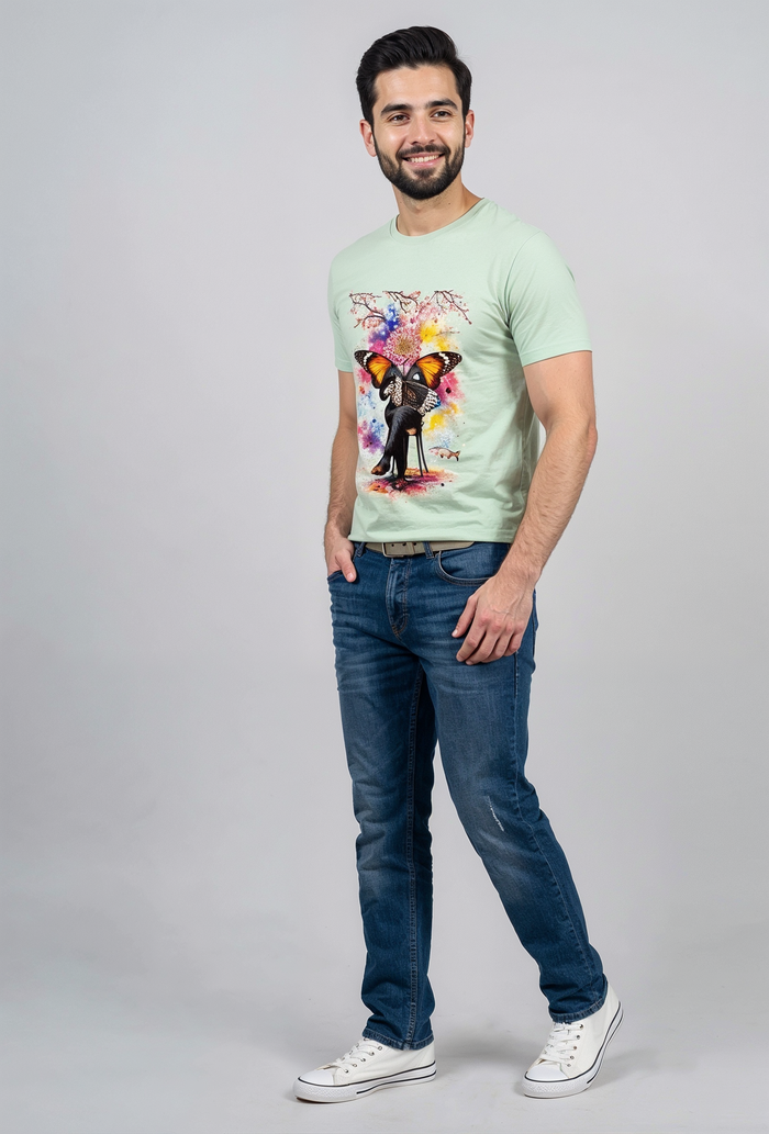 Men's See Green Butterfly Graphic Printed Crew Neck Half Sleeve T-Shirt