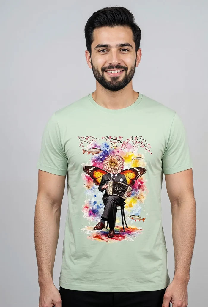 Men's See Green Butterfly Graphic Printed Crew Neck Half Sleeve T-Shirt