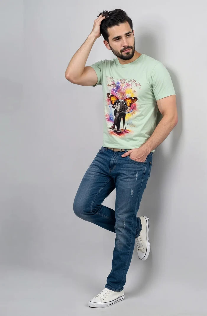 Men's See Green Butterfly Graphic Printed Crew Neck Half Sleeve T-Shirt