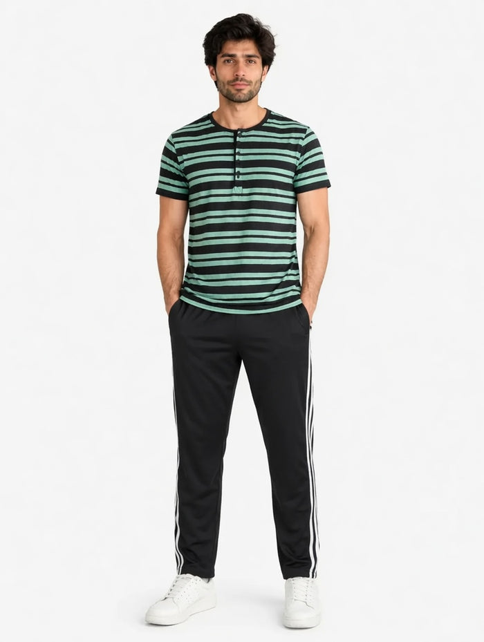 Men's See Green Striped Jersey Cotton T-Shirt & Black Stripe Trouser Lounge Set