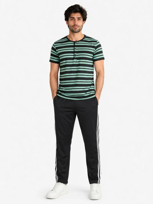 Men's See Green Striped Jersey Cotton T-Shirt & Black Stripe Trouser Lounge Set
