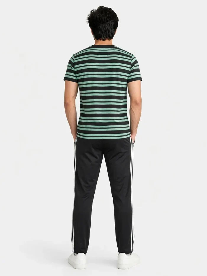 Men's See Green Striped Jersey Cotton T-Shirt & Black Stripe Trouser Lounge Set - Hinz Clothing