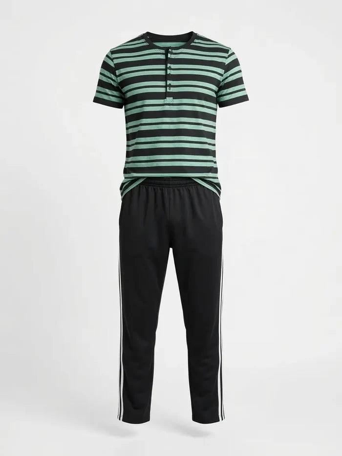 Men's See Green Striped Jersey Cotton T-Shirt & Black Stripe Trouser Lounge Set - Hinz Clothing
