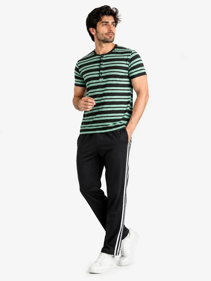 Men's See Green Striped Jersey Cotton T-Shirt & Black Stripe Trouser Lounge Set