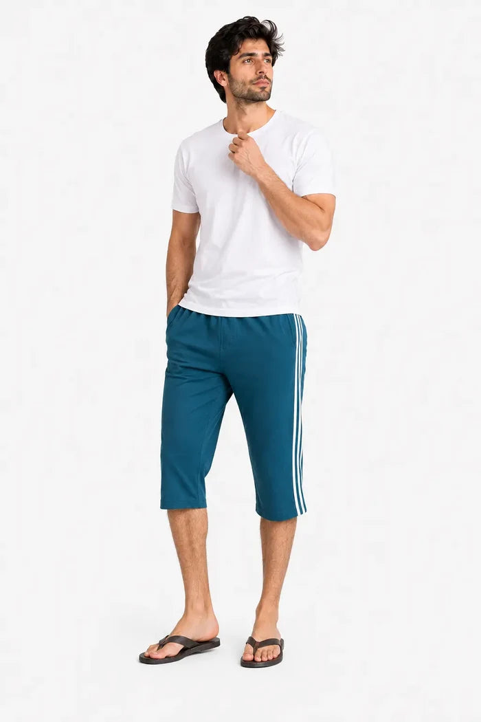 Men's Single Jersey Cotton Three Quarter Shorts Teal Blue Regular Fit