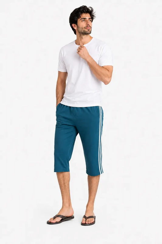 Men's Single Jersey Cotton Three Quarter Shorts Teal Blue Regular Fit