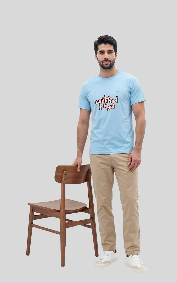 Men's Sky Blue "Certified Pagal" Graphic Printed Crew Neck Half Sleeve T-Shirt