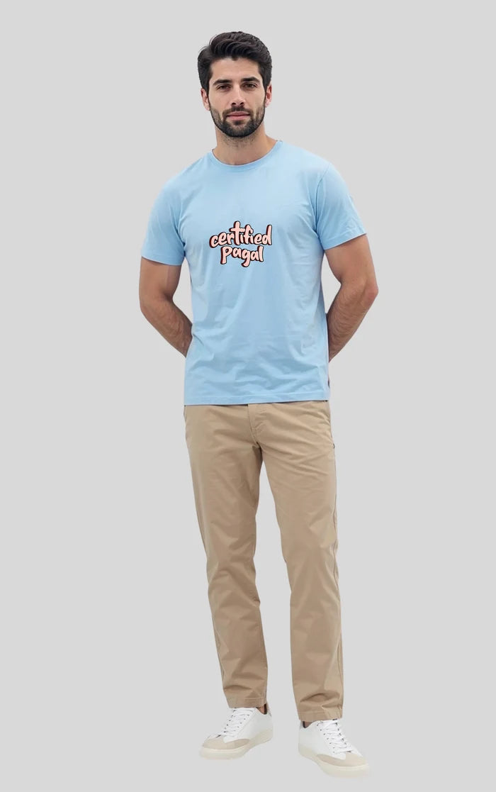 Men's Sky Blue "Certified Pagal" Graphic Printed Crew Neck Half Sleeve T-Shirt