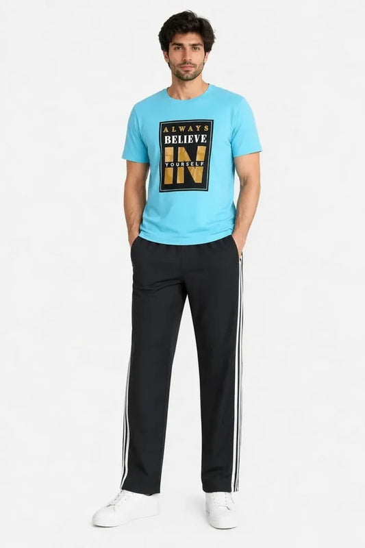 Men's Sky Blue Graphic Jersey Cotton T-Shirt & Black Track Trouser Lounge Set