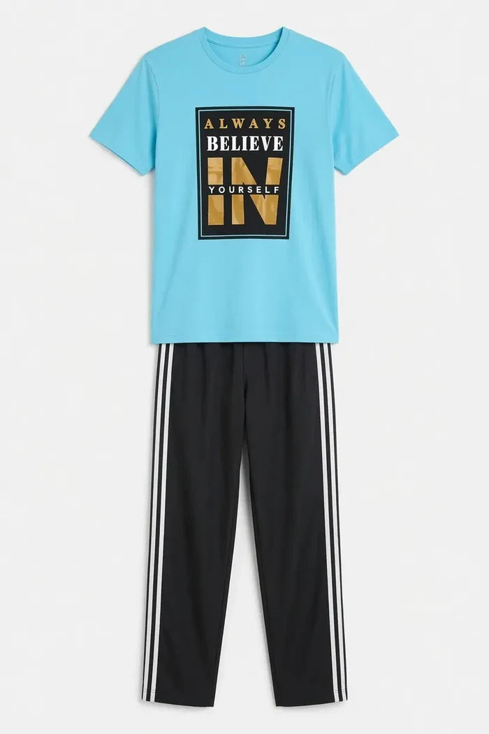 Men's Sky Blue Graphic Jersey Cotton T-Shirt & Black Track Trouser Lounge Set