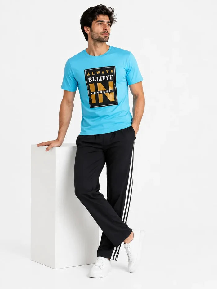 Men's Sky Blue Graphic Jersey Cotton T-Shirt & Black Track Trouser Lounge Set
