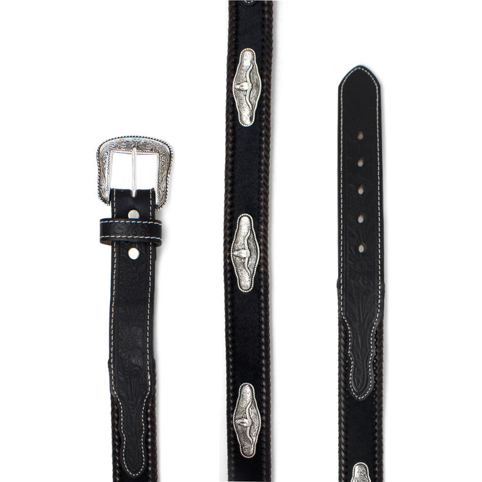 Men’s Western Black Leather Belt with Tooled Design & Longhorn Concho