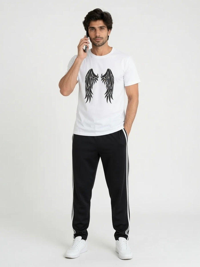 Men's White  Graphic T-Shirt & Black Side Stripe Trouser Set (Angel Wings )