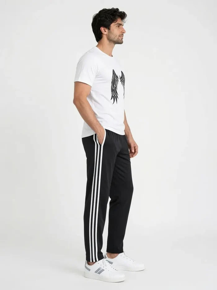 Men's White  Graphic T-Shirt & Black Side Stripe Trouser Set (Angel Wings )