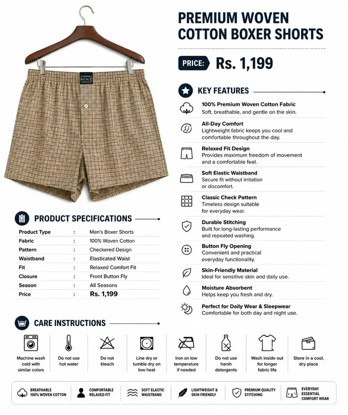 Men's Woven Cotton Boxer Shorts Beige Brown