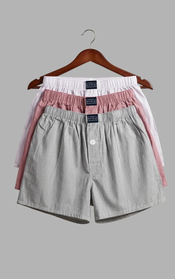 Men's  Woven Cotton Boxer Shorts Pack OF – 3 Grey, Red & Light Pink