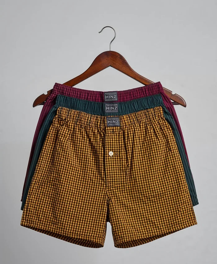 Men's Woven Cotton Check Boxer Shorts Pack OF -3 Mustard ,Teal ,Red