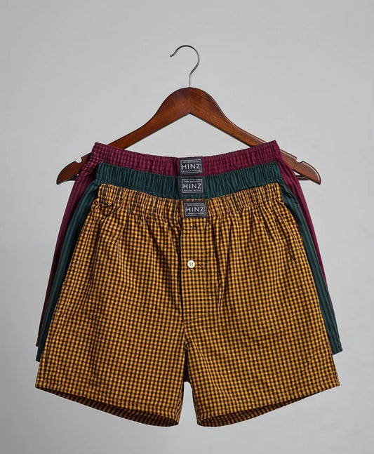Men's Woven Cotton Check Boxer Shorts Pack OF -3 Mustard ,Teal ,Red