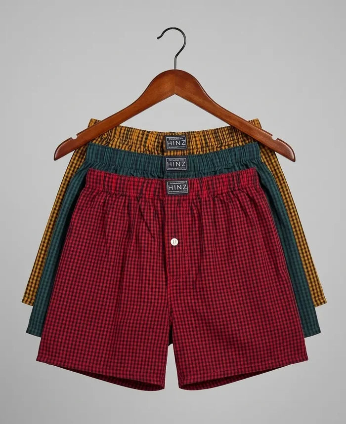 Men's Woven Cotton Check Boxer Shorts Pack OF -3 Mustard ,Teal ,Red - Hinz Clothing