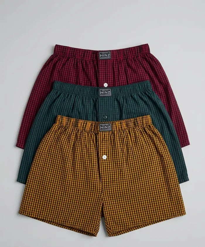 Men's Woven Cotton Check Boxer Shorts Pack OF -3 Mustard ,Teal ,Red - Hinz Clothing