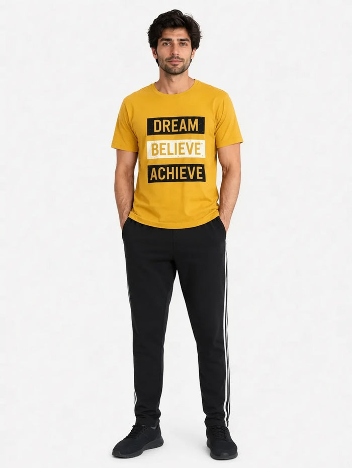Men's Yellow Graphic T-Shirt & Black Stripe Jersey Cotton Trouser Lounge Set