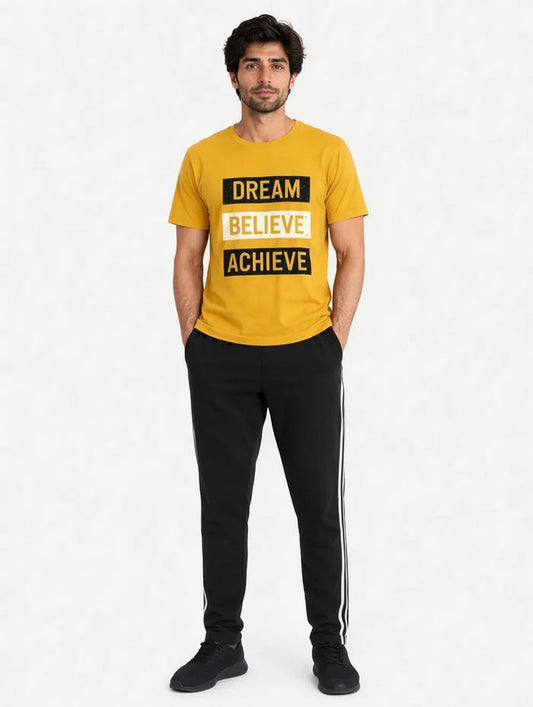 Men's Yellow Graphic T-Shirt & Black Stripe Jersey Cotton Trouser Lounge Set