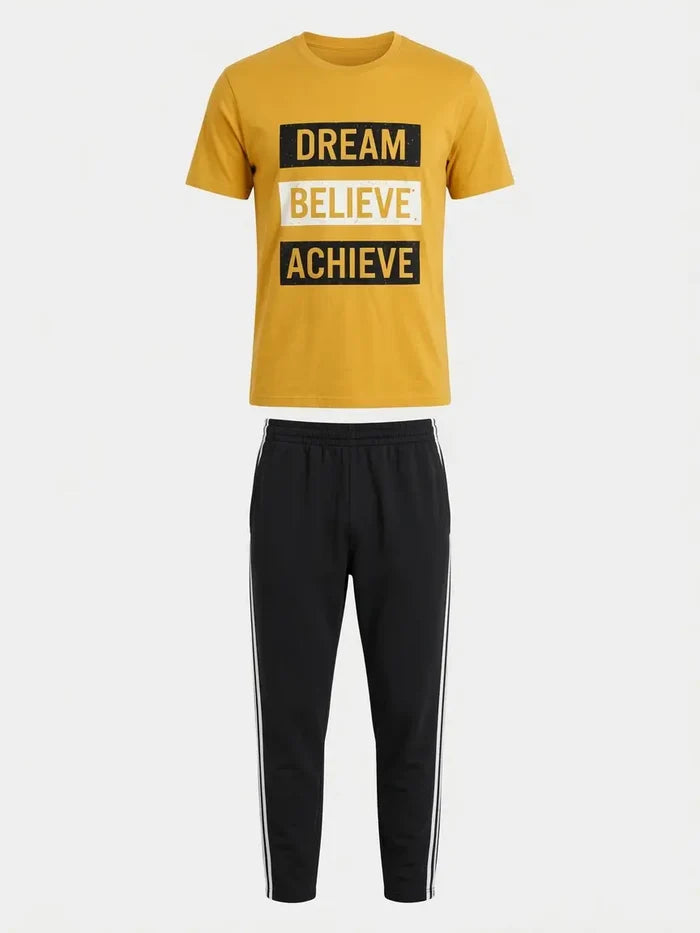 Men's Yellow Graphic T-Shirt & Black Stripe Jersey Cotton Trouser Lounge Set