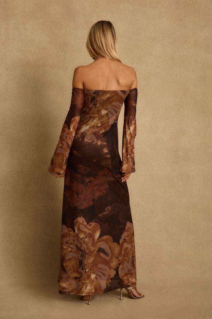 Back view of the Merritt mocha floral mesh maxi dress with flared sleeves.