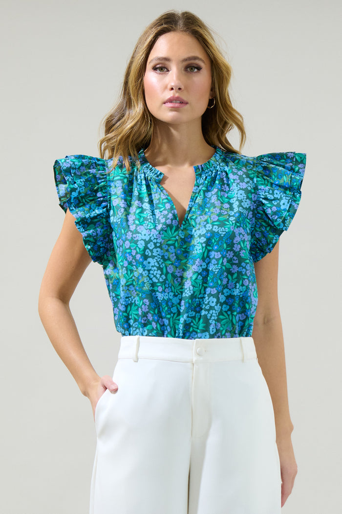 Midnight Floral Risette Ruffle Split Neck Top