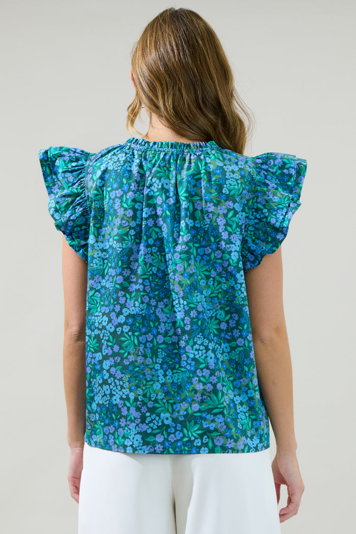 Midnight Floral Risette Ruffle Split Neck Top