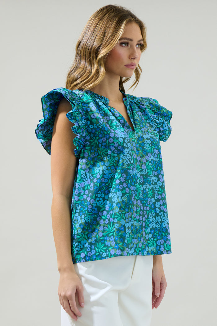 Midnight Floral Risette Ruffle Split Neck Top