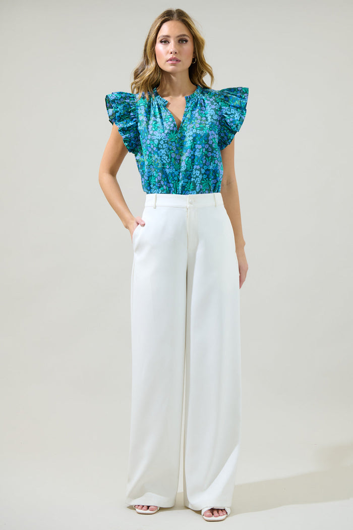 Midnight Floral Risette Ruffle Split Neck Top