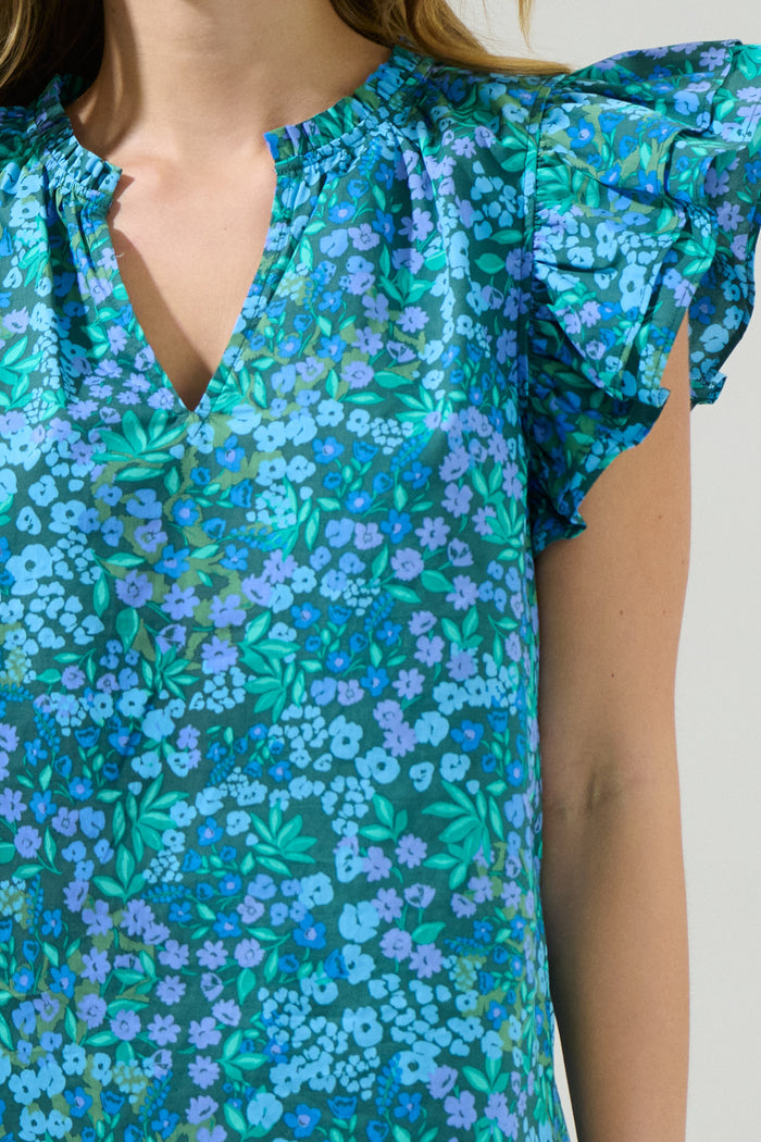Midnight Floral Risette Ruffle Split Neck Top