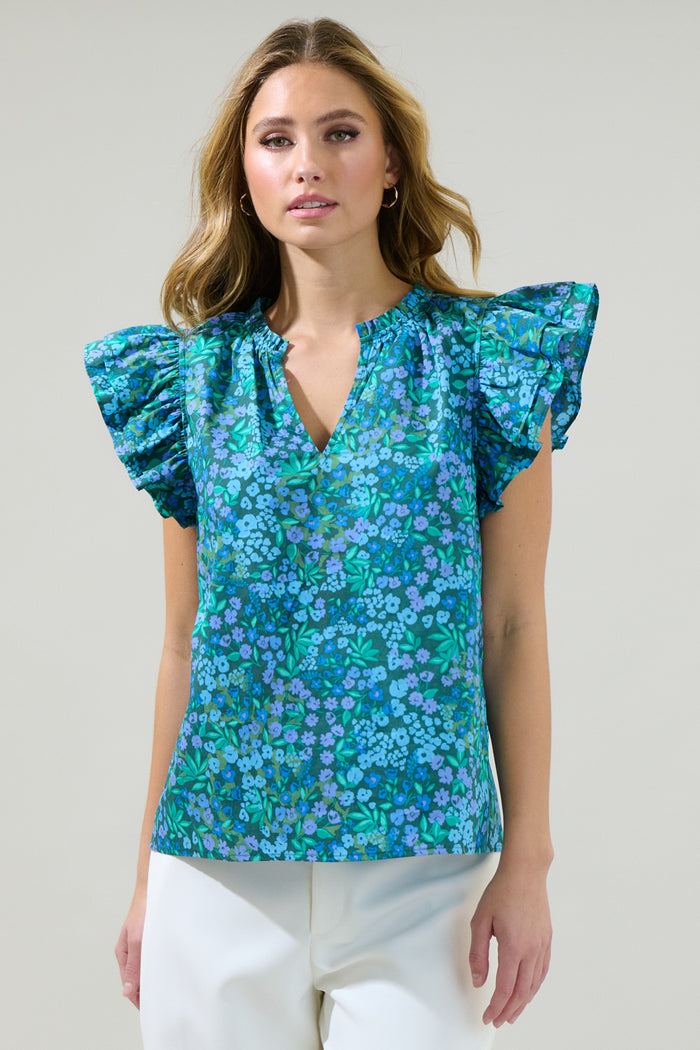 Midnight Floral Risette Ruffle Split Neck Top