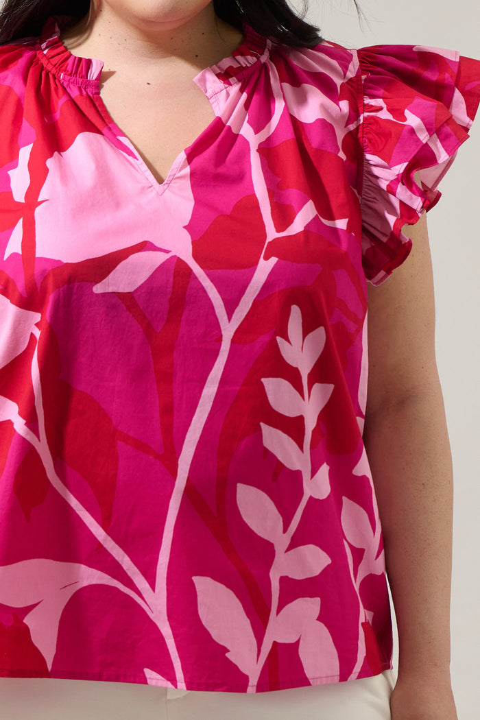 Mila Floral Risette Ruffle Split Neck Top Curve