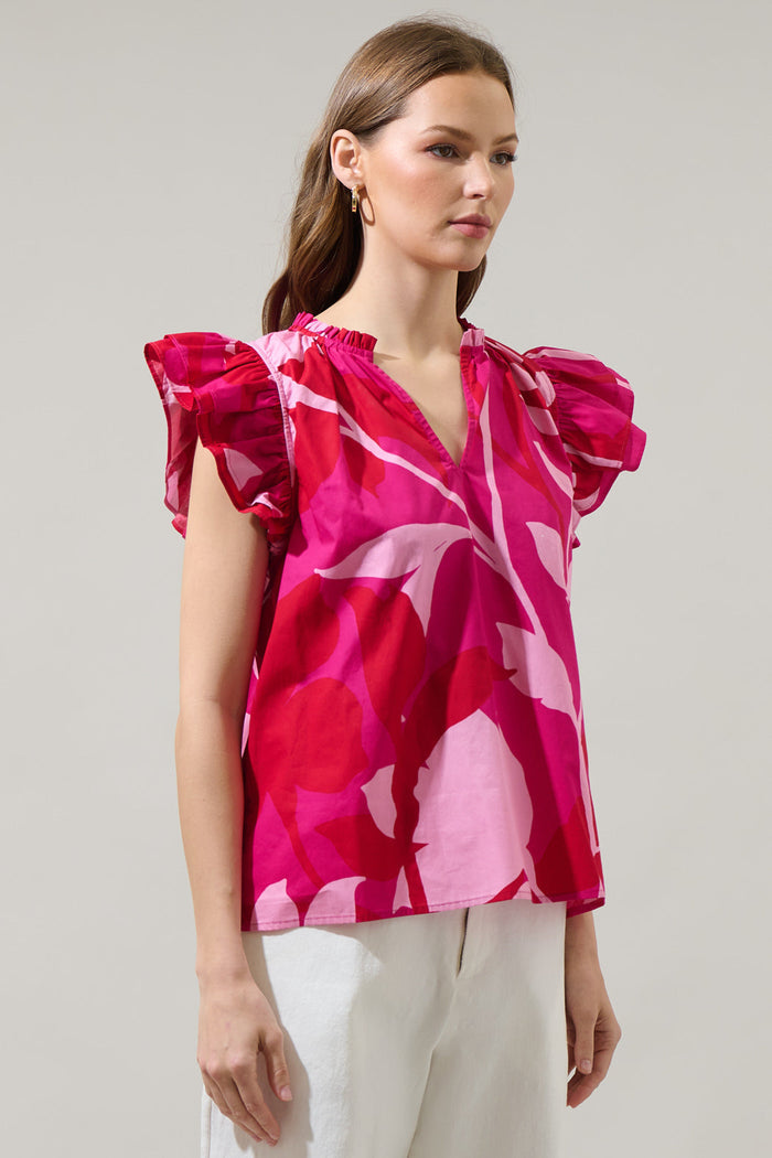 Mila Floral Risette Ruffle Split Neck Top