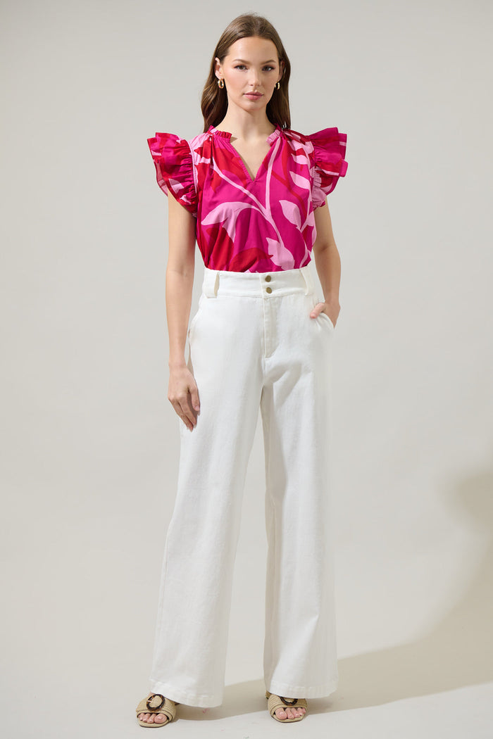 Mila Floral Risette Ruffle Split Neck Top